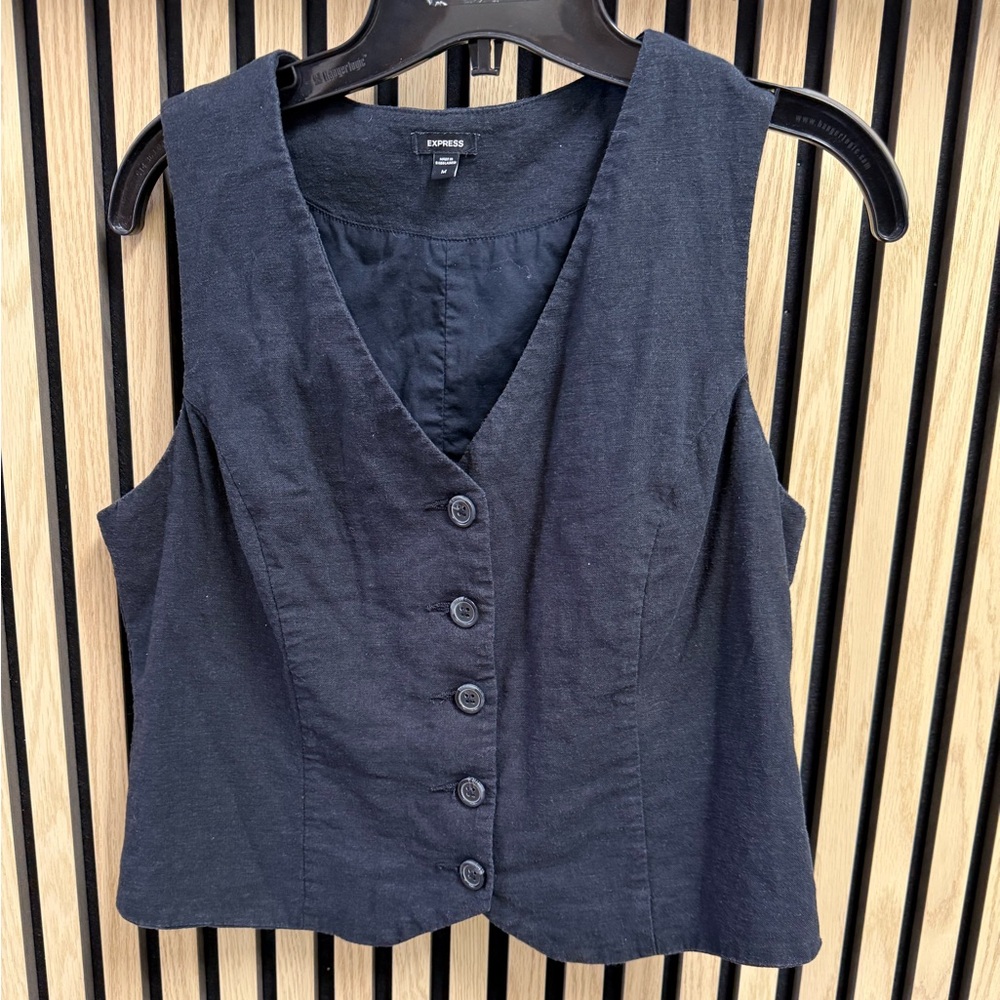 Express Black Linen Button-Front Vest